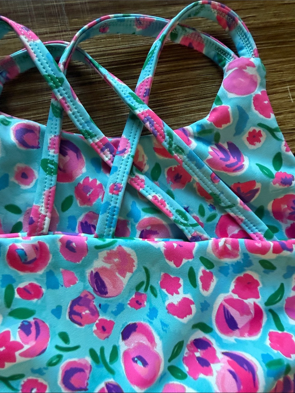 Girls' Pink Floral Active Crop Top & Aqua Bike Shorts Set - Picture 5 of 7